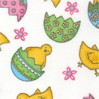 Easter Allovers - Tossed Chicks, Eggs and Flowers on White - SALE! (MINIMUM PURCHASE 1 YARD)