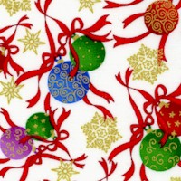 Seasons Greetings - Gilded Christmas Ornaments, Snowflakes and Ribbons on White