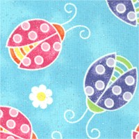 Sweet Ladybugs and Daisies on Glittery Blue - SALE! (MINIMUM PURCHASE 1 YARD)