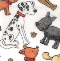 Tossed Whimsical Dogs and Pawprints on White FLANNEL