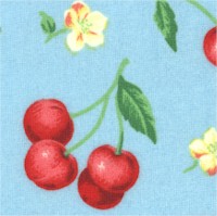 Crafty Cottons - Tossed Luscious Cherries and Flowers on Blue - SALE! (MINIMUM PURCHASE 1 YARD)