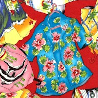 Cabana - Tossed Tropical Shirts on Red by Ann Ormsby