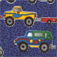 Big Wheels Trucks, Jeeps and Motorcycles on Blue Texture - SALE! (MINIMUM PURCHASE 1 YARD)