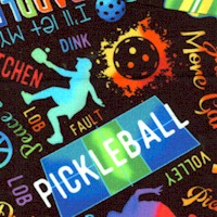 Pickleball - Tossed Equipment, Players and Phrases on Black