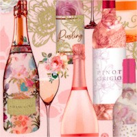 Happy Hour - Elegant Gilded Wine Bottles and Flowers on Pink by Lara Skinner