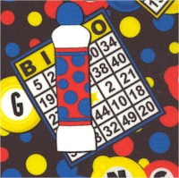 Bingo Day (Digital) - Tossed Bingo Cards, Balls and Dabbers on Polka Dots